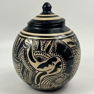 Vintage Sgraffito Pottery Lidded Jar Hand Carved Unique Handmade Black Tan Decor